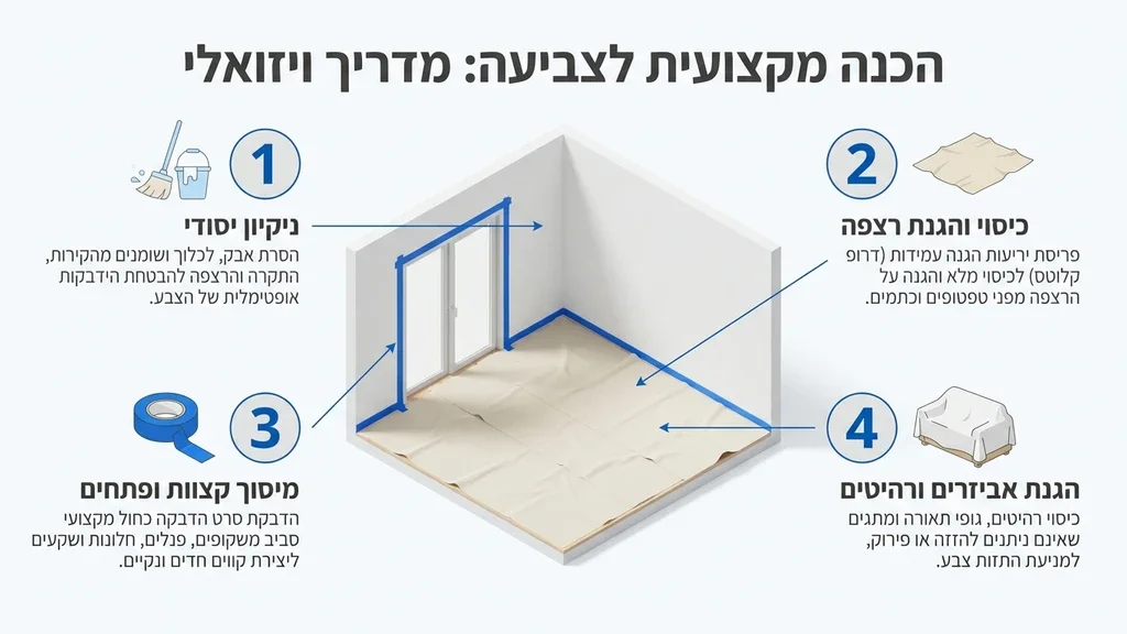 נוצר על ידי מודל בינה מלאכותית Gemini Pro חדר מוכן לצביעה עם כיסוי ניילון ומסקינגטייפ